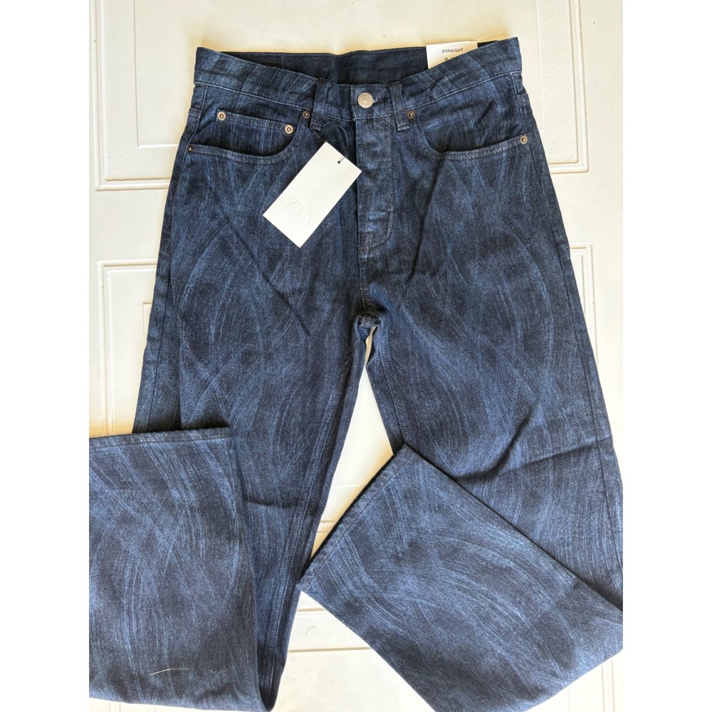 Zara Straight Leg Jeans Blue Swirl Marble Wash Mid Waist Denim Pants Size 29 36